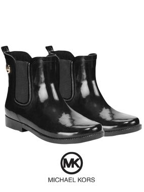 Michael Kors Charm rain booties Ankle Boots Shiny Black Patten Rubber Sz 10 NWOT